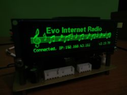 LCD showing “Evo Internet Radio” with green text, music staff graphic, and an IP address