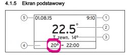 Wyświetlacz z ustawieniami temperatury, pokazujący temperaturę zadaną 20 stopni.