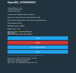 OpenBK status screen showing sensor data and MQTT connection info