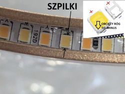 Zbliżenie taśmy LED z oznaczeniem „192D”, pinami i schematem polaryzacji diody.