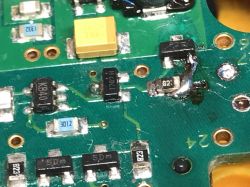 Close-up of a damaged metal detector PCB.