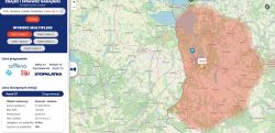 Mapa zasięgu nadajnika DVB-T2 MUX 1 z obiektu Szczecin/Kołowo, oznaczona kolorowym obszarem