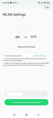 Ekran ustawień sieci WLAN okularów INMO Air 2 z opcją konfiguracji jednego kliknięcia.