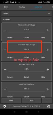 Ustawienie maksymalnego napięcia wejściowego w VESC Tool Ekran VESC Tool z ustawieniem maksymalnego napięcia wejściowego 72 V