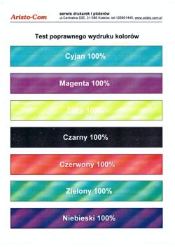 Wydruk testowy z falowanymi pasami kolorów na każdej próbce barwy