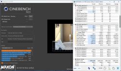 Zrzut ekranu programu Cinebench R23 i HWiNFO64 pokazujący test 13. generacji procesora Intel Core oraz parametry temperatury i wykorzystania mocy.
