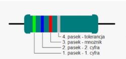Odczytywanie wartości rezystorów – paski kolorów dla 100kΩ, 47-51kΩ, 750Ω
