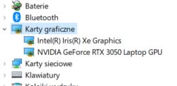 Zrzut ekranu menedżera urządzeń pokazujący karty graficzne Intel Iris Xe i NVIDIA GeForce RTX 3050 Laptop GPU.