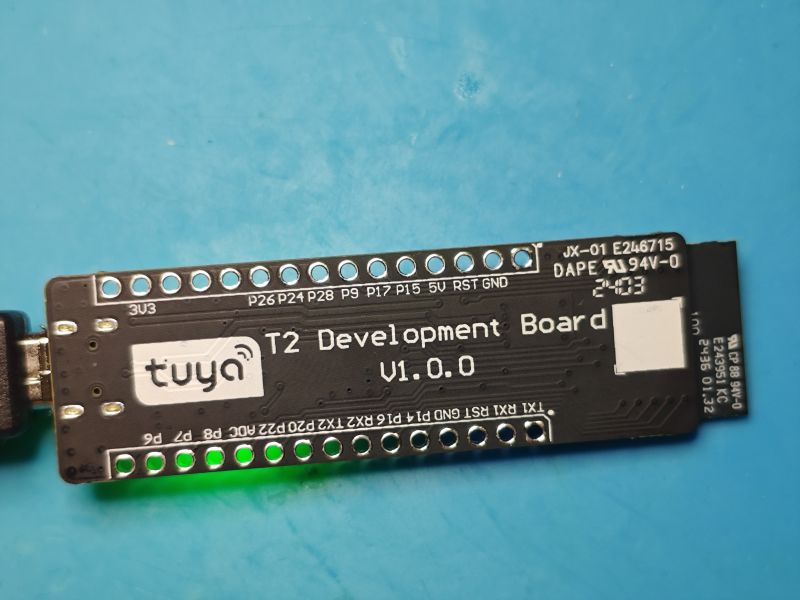 Tuya T2 Development Board V1.0.0 with green LEDs and USB cable connected