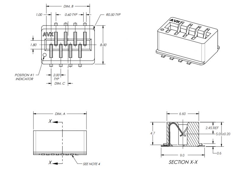 Technical Drawing of KYOCERA AVX 4p Connector Technical drawing of a KYOCERA AVX 4p connector