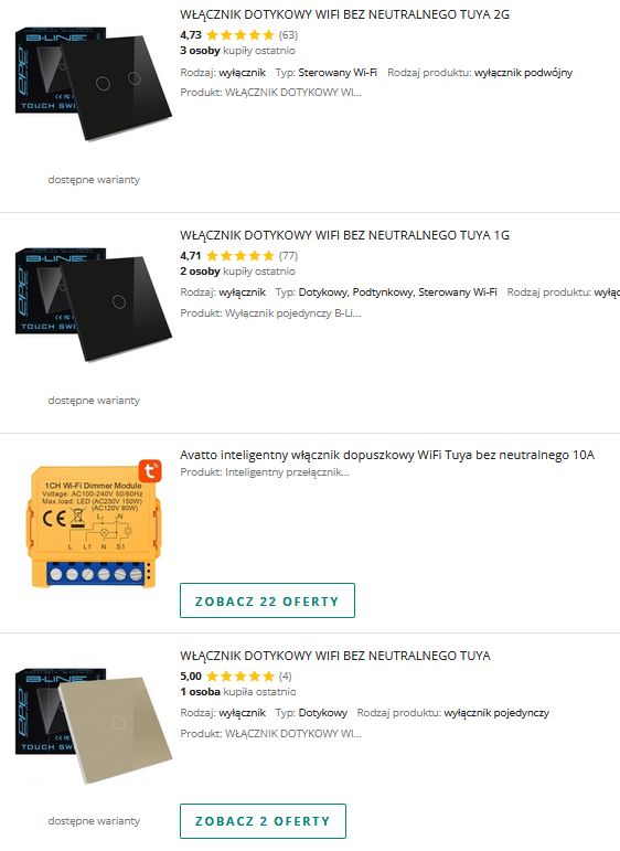 Screenshot of listings for Tuya Wi‑Fi light switches “no neutral,” with product thumbnails and ratings
