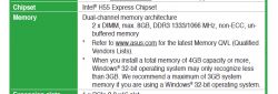 Zrzut ekranu specyfikacji sprzętowej dotyczącej pamięci i chipsetu Intel H55 Express.