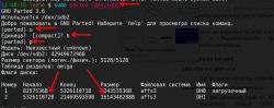 Screenshot einer Konsole, die den Einsatz von parted zur Verwaltung von Festplattenpartitionen auf Linux zeigt.