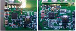 Two images showing circuit boards with labeled programming points and an integrated circuit.
