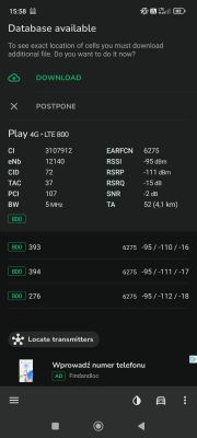 Zrzut ekranu z aplikacji NetMonster wyświetlający informacje o połączeniu 4G LTE 800 dla operatora Play.