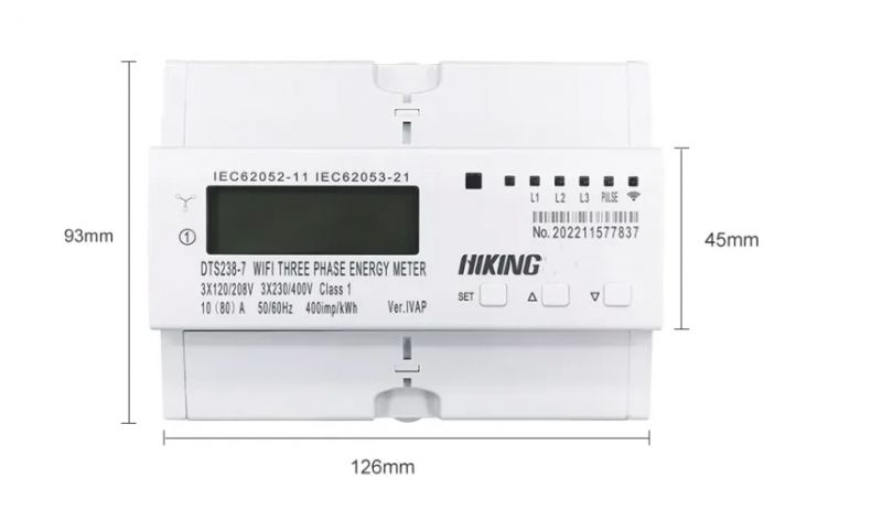 Three-Phase Wi-Fi Energy Meter Hiking DTS238-7 Three-phase Wi-Fi energy meter Hiking DTS238-7 with visible dimensions.