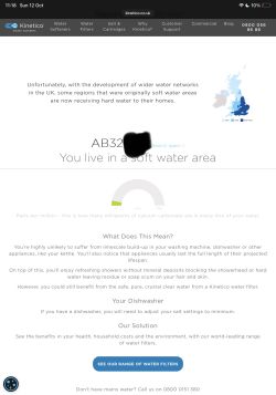 Screenshot showing postcode AB32 is in a soft water area in the UK