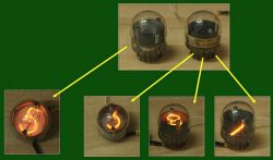 Close-ups of NIXIE tubes displaying digits 5, 3, 9 and 7, with three Burroughs tube types