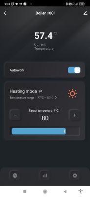 Zrzut ekranu aplikacji z informacją o temperaturze bojlera 100-litrowego wynoszącą 57,4°C.