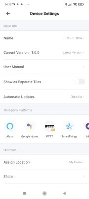 Device settings screen in the eWeLink app, showing version info, device name, and integration options.