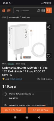 Biała ładowarka sieciowa Xiaomi 120W z kablem USB-C widoczna na tle strony sklepu internetowego