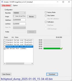 Screenshot of Ameba 1-N MP ImageTool v2.5.27 software showing device flashing configuration settings.