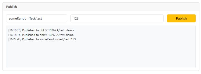 Publishing MQTT Messages via Web Browser MQTT publish interface with topic and message fields and a yellow Publish button