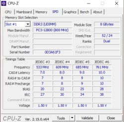 Zrzut ekranu z programu CPU-Z przedstawiający szczegółowe parametry pamięci RAM DDR3, w tym taktowania i opóźnienia.