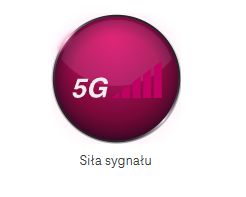 Ikona 5G z pięcioma kreskami zasięgu i napisem „Siła sygnału” poniżej
