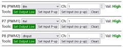 Screenshot of the configuration panel with pin settings for P6, P7, and P8, all set to high.