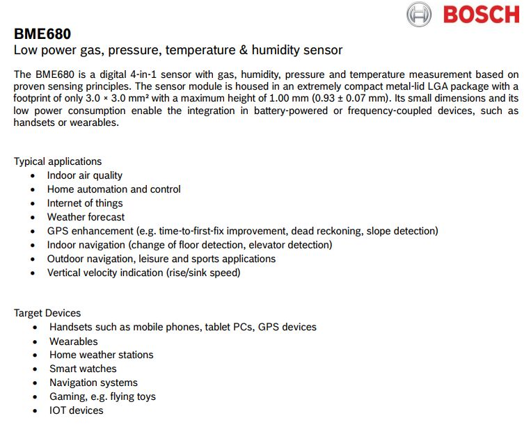 Specification of the BME680 sensor for gas, pressure, temperature, and humidity measurement.