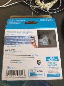 Enbrighten Smart LED Wi-Fi String Lights Packaging Image of the packaging for Enbrighten Smart LED Wi-Fi String Lights, model 69281 v1, with visible technical specifications.