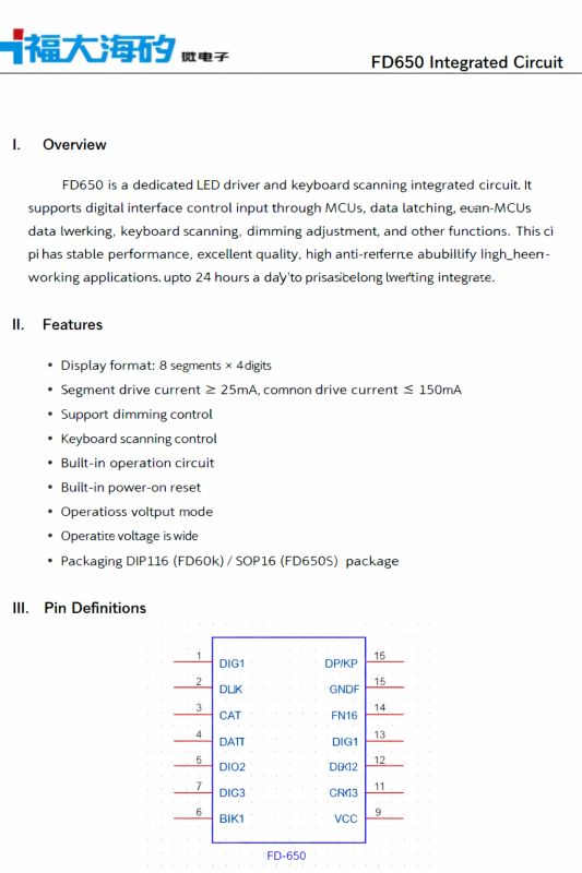 FD650 datasheet page with IC overview, features list, and pinout diagram