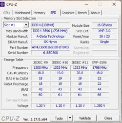 Zakładka SPD programu CPU-Z pokazująca parametry pamięci DDR4 3600 MHz