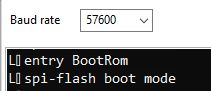 Console Configuration for SPI-Flash Boot Mode Screenshot showing a console set to a baud rate of 57600 with messages entry BootRom and spi-flash boot mode.