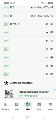 Zrzut ekranu aplikacji pokazujący parametry sygnału sieci komórkowej 5G i LTE
