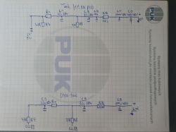 Szkic schematu obwodu z elementami elektronicznymi na papierze w kratkę.