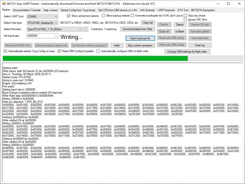 Screenshot of BK7231 Easy UART Flasher showing “Writing…”, a progress bar, and a scrolling write log