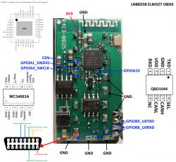 Close-up of a circuit with MC34063A and QBD1044 chips on a PCB board.