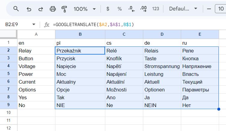 Google Sheets columns with translations to various languages