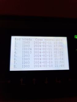 Inverter screen displaying a list of error codes and their occurrence times.