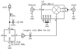 Schemat prostego mieszacza z generatorem 50 MHz i modułem SAM-3H-3
