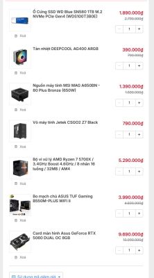 Lista komponentów komputera z cenami w VND, w tym RTX 5060 i Ryzen 7 5700X
