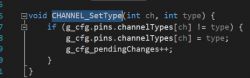 Screenshot of a code snippet in C showing a function that sets the channel type.