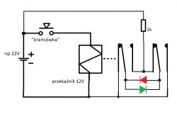 Schemat obwodu elektrycznego z przekaźnikiem 12V i diodami LED.