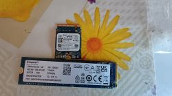 Dwa dyski SSD: Kioxia 256GB i Kingston 512GB na kwiecistym tle.