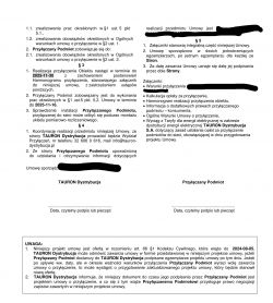 Dokument umowy z TAURON na przyłączenie energetyczne z różnymi warunkami i datami.