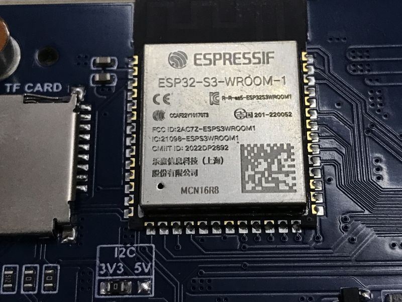 ESP32-S3-WROOM-1 module on PCB ESP32-S3-WROOM-1 module on a PCB, next to a TF card slot and I2C, 3V3, and 5V markings.