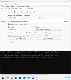Window of litchiptool v4.12.1 showing flash settings for Realtek AmebaZ chip using COM7 USB-SERIAL CH341 interface.