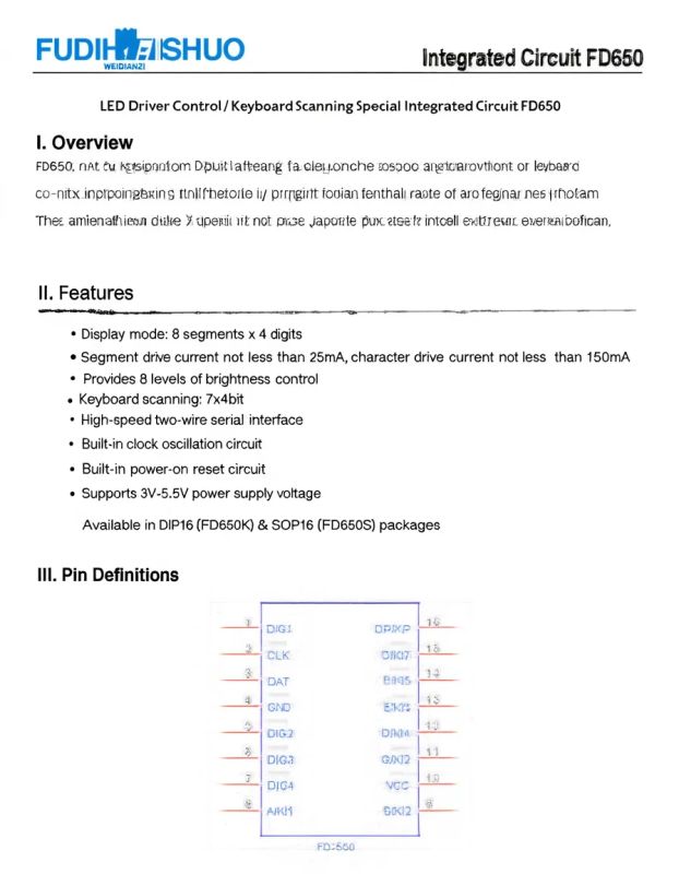 FD650 datasheet excerpt with features list and pin diagram